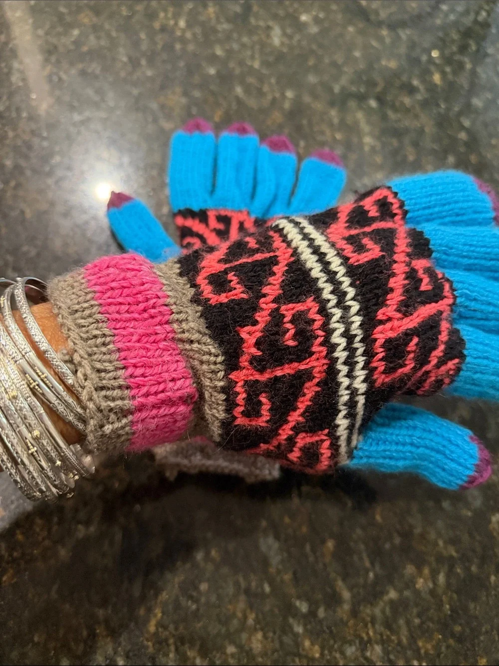 Hand Crafted Blue, Pink & Purple Patterned Knit Gloves